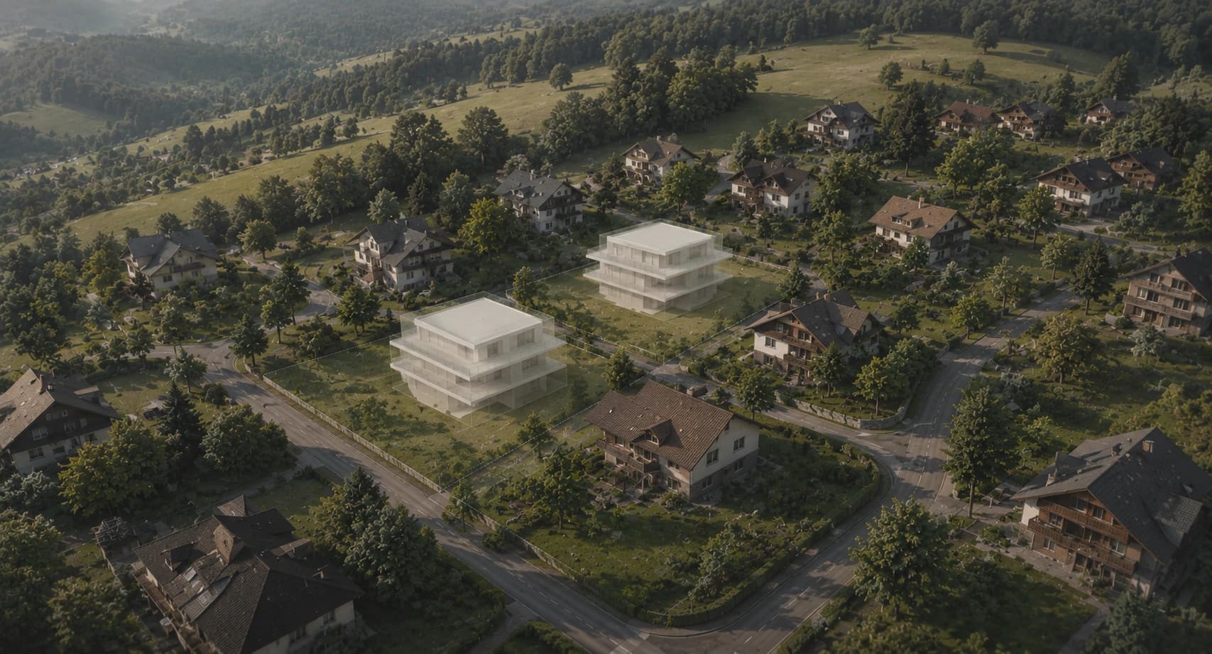 Vue aérienne d'un site avec des volumes de bâtiments visualisés